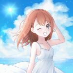  1girl arm_at_side armpit_crease bare_arms bare_shoulders beach blue_sky blurry bokeh bracelet breasts brown_hair cleavage cloud cloudy_sky clover collarbone cumulonimbus_cloud day depth_of_field dot_nose dress eyelashes grey_eyes hair_behind_ear hair_ornament hairclip hanasato_minori hand_on_own_head hand_up highres jewelry light_blush light_rays long_dress medium_hair mn4 one_eye_closed open_mouth outdoors project_sekai sky small_breasts smile solo spaghetti_strap sun sundress sunlight swept_bangs tareme upper_body water white_dress 