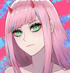  absurdres darling_in_the_franxx green_eyes highres horns looking_at_viewer lucksup multicolored_background oni_horns pink_hair red_horns red_pupils straight_hair zero_two_(darling_in_the_franxx) 