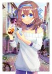 1girl bare_shoulders blue_bow blue_eyes blue_hairband blurry blurry_background blush bow brown_hair cellphone choker closed_mouth collarbone commentary_request commission cup depth_of_field disposable_cup drinking_straw hair_between_eyes hair_bow hairband holding holding_cup holding_phone kou_hiyoyo long_hair long_sleeves looking_at_viewer off-shoulder_sweater off_shoulder original pantyhose phone purple_choker purple_pantyhose skeb_commission smile solo sweater white_sweater 