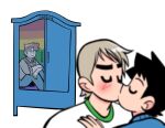  3boys black_hair blank_stare blurry blurry_foreground closed_eyes closet couple dinoskar_art forked_eyebrows glaring highres jealous kiss lgbt_pride light_brown_hair male_focus multiple_boys rainbow_background scott_pilgrim_(series) scott_pilgrim_takes_off short_hair sideburns sparse_stubble spoilers stephen_stills symbolism thick_eyebrows todd_ingram toon_(style) u_u wallace_wells yaoi 