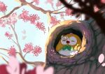  bird closed_eyes commentary_request highres in_tree no_humans nose_bubble open_mouth owl pokemon pokemon_(creature) rowlet solo spring_(season) tongue tree uroko_(rwde4544) 