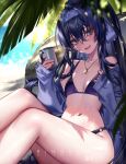  1girl :d absurdres bare_legs bikini blue_archive blue_eyes blue_hair blush breasts cup dark_blue_hair day highres holding holding_cup jacket jewelry long_hair looking_at_viewer necklace off_shoulder open_clothes open_jacket outdoors palm_leaf ponytail purple_bikini ringeko-chan sitting sleeves_past_wrists small_breasts smile solo swimsuit ui_(blue_archive) ui_(swimsuit)_(blue_archive) very_long_hair 