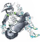  alien anthro boots canid canine canis clothing cowboy domestic_dog female footwear hesk hi_res husky hybrid kiri lariat lasso mammal moon necktie nordic_sled_dog rope sketch solo space spitz star thehuntingwolf topazwolf western wolf wolfdog 