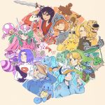  4boys 6+girls alice_in_wonderland andromeda_shun aqua_eyes aqua_hair aqua_jacket armor artist_name black_gloves black_hair black_shirt blonde_hair blue_dress blue_eyes blush braid braided_ponytail brown_eyes brown_gloves brown_hair bulbasaur bulma cheshire_cat_(alice_in_wonderland) clefairy color_wheel_challenge dog dragon_ball dress dug_(up) edward_elric fa_mulan_(disney) fingerless_gloves flower fuecoco fullmetal_alchemist gloves green_eyes green_hair grey_eyes grey_hair gumball_watterson helmet highres holding holding_sword holding_weapon howl_no_ugoku_shiro instrument jacket james_(pokemon) juliet_sleeves kaze_no_tani_no_nausicaa koffing korok la_chocoline link long_hair long_sleeves mechanical_arms mudkip mulan multiple_boys multiple_girls mushu_(disney) nausicaa navi ocarina outline pikachu pokemon pokemon_(creature) print_shirt profile puffy_sleeves pumpkaboo purple_flower purple_hair purple_rose rose saint_seiya shirt short_hair single_mechanical_arm smile sophie_(howl_no_ugoku_shiro) squirtle sword teto_(nausicaa) the_amazing_world_of_gumball the_legend_of_zelda the_legend_of_zelda:_ocarina_of_time thumbs_up toadette weapon white_outline wrench zipper zipper_pull_tab 