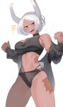  1girl :d absurdres animal_ears bare_shoulders black_choker black_jacket black_panties black_sports_bra blush boku_no_hero_academia breasts choker clenched_hands commentary dark-skinned_female dark_skin highleg highleg_panties highres jacket koyap large_breasts layered_panties long_eyelashes looking_at_viewer mirko navel notice_lines off_shoulder open_mouth panties panties_under_panties parted_bangs rabbit_ears rabbit_girl rabbit_tail red_eyes scar scar_on_arm scar_on_leg scar_on_stomach short_hair sideboob skindentation smile solo sports_bra stomach symbol-only_commentary tail teeth thick_thighs thighs toned underwear upper_teeth_only white_background white_hair 