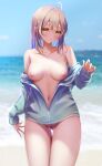 1girl absurdres ahoge beach blue_jacket blue_sky bottomless breasts breasts_apart breasts_out brown_eyes brown_hair cloud collarbone commentary_request day female_pubic_hair highres hololive hololive_english horizon jacket kon_(07263545) large_breasts looking_at_viewer multicolored_hair naked_jacket nanashi_mumei navel nipples ocean off_shoulder outdoors partially_unzipped pubic_hair sidelocks sky solo streaked_hair thigh_gap virtual_youtuber 