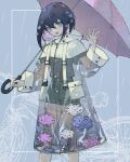  1girl 3pel1 :d black_hair blue_flower buckle feet_out_of_frame flower green_eyes green_shorts grey_shirt hair_between_eyes hair_flower hair_ornament head_tilt high-waist_shorts highres holding holding_umbrella hydrangea legs_apart long_bangs long_hair looking_at_viewer open_hand open_mouth original pink_flower pink_umbrella rain raised_eyebrows shirt shirt_tucked_in short_sleeves shorts sidelocks smile solo transparent_raincoat umbrella waving white_flower 