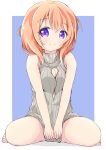  1girl bare_legs bare_shoulders barefoot breasts closed_mouth gochuumon_wa_usagi_desu_ka? highres hoto_cocoa looking_at_viewer medium_hair meme_attire naked_sweater orange_hair purple_eyes sitting sleeveless sleeveless_sweater sleeveless_turtleneck smile solo sweater toes turtleneck turtleneck_sweater virgin_killer_sweater wariza yairo_ju 