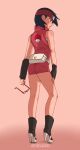  1girl absurdres ass back bare_legs black_hair boruto:_naruto_next_generations dress glasses gloves high_heels highres holding holding_eyewear looking_away murasaki nail_polish naruto_(series) off_shoulder red_dress red_nails short_dress simple_background solo tight_clothes tight_dress uchiha_sarada wind 