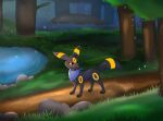  ambiguous_gender bandanna canid canine eeveelution fan_character feral forest generation_2_pokemon grass hi_res joeumbre kerchief mammal nintendo orange_eyes plant pokemon pokemon_(species) prism_(emberumbre) rock shaded solo tree umbreon water 