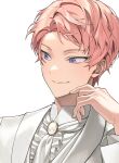  11942tm 1boy absurdres closed_mouth commentary_request ensemble_stars! hand_up highres itsuki_shu jacket korean_commentary long_sleeves looking_to_the_side male_focus pink_hair portrait purple_eyes short_bangs short_hair simple_background solo white_background white_jacket 