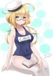  1girl ahoge blonde_hair blue_eyes blue_one-piece_swimsuit book breasts covered_navel feet_out_of_frame glasses hat i-8_(kancolle) kantai_collection kitagawa_mikio large_breasts low_twintails name_tag one-hour_drawing_challenge one-piece_swimsuit peaked_cap red-framed_eyewear sailor_hat school_swimsuit semi-rimless_eyewear solo swimsuit thighhighs twintails under-rim_eyewear white_headwear white_thighhighs 