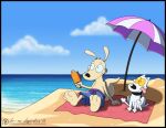  anthro beach blue_sky canid canine canis cloud collar domestic_dog duo food ice_cream_bar macropod male mammal marsupial nickelodeon rocko&#039;s_modern_life rocko_rama seaside shadow sky spunky summer tongue tongue_out umbrella vanilla vir-no-vigoratus wallaby water yellow_sclera 