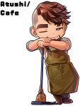  1boy apron atsushi_kenzaki bara black_pants brown_eyes brown_hair character_name closed_mouth collared_shirt facial_hair gachimuchi_de_dosukebe_na_kateikyoushi_no_oniisan_to_sugosu_natsu green_apron male_focus muscular muscular_male official_art one_eye_closed pants shirt short_hair sleeves_rolled_up smile solo wasp_(anthyutena) white_shirt 