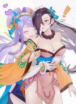 ! 2girls absurdres artist_name bead_necklace beads blush breasts brown_hair cleavage closed_eyes fire_emblem fire_emblem_fates fire_emblem_heroes hair_over_one_eye heart highres jewelry kagero_(fire_emblem) kagero_(winds_offered)_(fire_emblem) long_hair medium_breasts multiple_girls necklace official_alternate_costume open_mouth orochi_(fire_emblem) orochi_(winds_offered)_(fire_emblem) pelvic_curtain pinwheel_hair_ornament purple_hair red_eyes sakuramotikun simple_background smile 