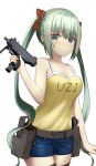  1girl bare_shoulders black_thighhighs blush breasts camisole character_name cleavage commentary core_(pusn3354) cowboy_shot denim denim_shorts english_commentary girls&#039;_frontline green_eyes green_hair gun highres holding holding_gun holding_weapon holster large_breasts looking_at_viewer micro_uzi micro_uzi_(dorky_sleepyhead)_(girls&#039;_frontline) micro_uzi_(girls&#039;_frontline) official_alternate_costume short_hair shorts sidelocks simple_background solo submachine_gun thighhighs trigger_discipline twintails weapon white_background yellow_camisole 