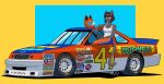  1girl :3 absurdres animal_ears animal_ears_helmet animal_nose black_fur black_hair body_fur breasts car cat_ears cat_tail cleavage collarbone daytona_usa furry furry_female goodyear green_eyes headwear_removed helmet helmet_removed highres hornet_(daytona_usa) looking_ahead medium_breasts motor_vehicle nascar orange_pants original pants race_vehicle racecar sega shadow short_hair sitting smile tail vee_(427deer) vehicle_focus 