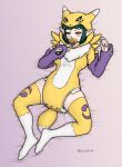  absurd_res animal_onesie bandai_namco blush breasts clothing diaper diaper_under_clothing digimon digimon_(species) elf fake_tail female floofnfluff green_eyes green_hair hair hi_res humanoid humanoid_pointy_ears infantilism legwear looking_down lying mane not_furry on_back onesie renamon solo spread_legs spreading stockings thigh_highs white_body white_skin 