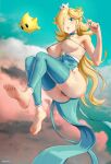  1girl artist_name barefoot bikini blonde_hair blue_bikini blue_choker blue_eyes blue_thighhighs breasts choker commentary crown fingernails flying full_body hair_over_one_eye highres holding holding_wand large_breasts long_hair looking_at_viewer mario_(series) micro_bikini nail_polish purple_nails rosalina soles super_mario_galaxy super_smash_bros. swimsuit thighhighs toes ultrabinou wand 