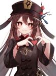 1girl :d bead_bracelet beads black_headwear black_nails bracelet brown_hair chinese_clothes closed_mouth flower flower-shaped_pupils flower_hat genshin_impact gradient_hair hair_between_eyes hair_flaps hat hat_flower head_tilt heart heart_hands highres hu_tao_(genshin_impact) jewelry long_hair looking_at_viewer multicolored_hair ougi_(u_to4410) porkpie_hat red_eyes red_flower red_hair sidelocks simple_background smile solo swept_bangs symbol-shaped_pupils upper_body very_long_hair white_background wide_sleeves 