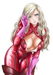  1girl albyee blonde_hair blue_eyes bodysuit breasts commission english_commentary hair_down hair_ornament hairclip large_breasts leaning_forward long_hair looking_at_viewer parted_lips partially_unzipped persona persona_5 red_bodysuit simple_background solo takamaki_anne thigh_gap wavy_hair white_background zipper zipper_pull_tab 