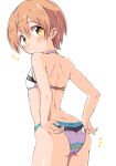 1girl adjusting_clothes adjusting_swimsuit ass bare_arms bare_shoulders bikini blush closed_mouth cowboy_shot from_behind hair_between_eyes highres hoshizora_rin looking_at_viewer looking_back love_live! love_live!_school_idol_project notice_lines orange_hair sen_(sen0910) short_hair simple_background solo swimsuit white_background white_bikini yellow_eyes 