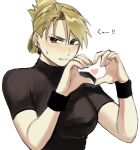  1girl black_shirt blonde_hair blush breasts brown_eyes clenched_teeth earrings embarrassed folded_ponytail fullmetal_alchemist hands_up heart heart_hands highres jewelry large_breasts lipstick looking_at_viewer makeup nose_blush ozaki_(tsukiko3) riza_hawkeye shirt short_sleeves sideways_glance simple_background solo stud_earrings teeth tight_clothes tight_shirt turtleneck updo upper_body white_background wristband 