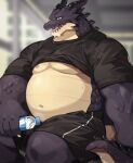  2023 absurd_res anthro black_bottomwear black_clothing black_shirt black_shorts black_topwear bottle bottomwear chubby_female clothing container dragon hi_res holding_object male overweight overweight_male scalie shirt shorts slightly_chubby solo topwear water_bottle wingless_dragon yed 