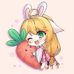  1girl :3 ;d ahoge animal_ears anklet bare_legs bell blonde_hair blush bow carrot chibi chinese_clothes dress ears_down fake_animal_ears flower fox_ears full_body green_eyes hanfu highres holding holding_carrot huyao_xiao_hongniang jewelry kumu_zaisheng long_hair long_sleeves low-tied_long_hair one_eye_closed oversized_food pink_background pink_dress pink_flower rabbit_ears red_bow smile solo tushan_susu waist_bow walking wide_sleeves 