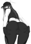  1girl ass ass_grab back baseball_cap bent_over blue_archive commentary covered_mouth cowboy_shot crop_top crotch_seam from_behind gloves gomu_(chewinggom) grabbing_own_ass greyscale halo hat highres long_hair looking_at_viewer looking_back mask monochrome mouth_mask pants saori_(blue_archive) shirt simple_background sleeveless sleeveless_shirt solo spread_anus_under_clothes spread_ass spread_pussy_under_clothes standing straight_hair tight_clothes tight_pants white_background 