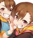  2girls blush bracelet brown_eyes brown_hair close-up futami_ami futami_mami grin highres hood hoodie idolmaster idolmaster_(classic) idolmaster_million_live! idolmaster_million_live!_theater_days jewelry kakaobataa long_hair looking_at_viewer multicolored_clothes multiple_girls open_mouth short_hair siblings side_ponytail sisters smile twins v-shaped_eyebrows zipper 