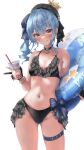  1girl absent absurdres bikini black_bikini blue_eyes blue_hair breasts cup disposable_cup drinking_straw highres holding holding_cup hololive hoshimachi_suisei looking_at_viewer navel side_ponytail simple_background solo stomach swimsuit thigh_strap virtual_youtuber wet white_background 