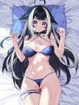  1girl ahoge animal_ears ass_visible_through_thighs bed_sheet belt_collar bikini black_hair blue_bikini blue_collar body_markings breasts closed_mouth collar facial_mark heart heart_ahoge highres indie_virtual_youtuber large_breasts long_hair looking_at_viewer lying multicolored_hair navel on_back orca_girl pillow purple_eyes shylily smile solo streaked_hair swimsuit thigh_strap virtual_youtuber waterring white_hair 