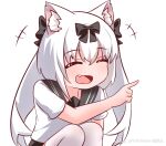  1girl animal_ears artist_name azur_lane bilibili_username black_bow black_serafuku bow breasts cat_ears closed_eyes commentary cowboy_shot fang glitchcampus long_hair open_mouth school_uniform serafuku small_breasts solo symbol-only_commentary thighhighs white_background white_hair white_thighhighs yukikaze_(azur_lane) 