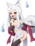  1girl :d animal_ear_fluff animal_ears black_gloves breasts clothes_pull crescent_print dress dress_pull elbow_gloves facial_mark fox_ears fox_girl fox_tail gloves highres hitodama jewelry long_hair looking_at_viewer naughty_face necklace nipples open_mouth red_eyes red_shawl sewayaki_kitsune_no_senko-san shawl shiro_(sewayaki_kitsune_no_senko-san) short_eyebrows small_breasts smile solo strapless strapless_dress tail thick_eyebrows tsunousagi_(user_ujyx8587) white_hair 