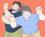  2boys ^_^ aqua_shirt bara beard belly birch_(pokemon) blue_shirt blush brown_hair claw_pose closed_eyes couple covered_navel facial_hair glasses grey_hair grin hands_up happy highres jinnta4014 labcoat male_focus mature_male multiple_boys neroli_(pokemon) plump pokemon_sleep round_eyewear shirt short_hair smile stubble thick_eyebrows upper_body yaoi 