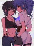  2girls black_shorts breasts brown_eyes closed_mouth crop_top cross cross_necklace denim fingerless_gloves glasses gloves hand_on_own_hip highres hunter_x_hunter inverted_cross inverted_cross_necklace japanese_clothes jeans jewelry kiko looking_at_viewer machi_komacine medium_breasts multiple_girls necklace pants ponytail red_eyes sash shizuku_murasaki short_hair short_sleeves shorts simple_background sleeveless spider_tattoo tattoo 