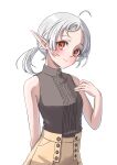  1girl absurdres ahoge brown_pants closed_mouth elf highres looking_at_viewer medium_hair mushoku_tensei pants pointy_ears ponytail red_eyes shirt simple_background sleeveless sleeveless_shirt smile solo syagare sylphiette_(mushoku_tensei) white_background white_hair 