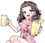  1girl beer_mug blue_eyes blush breasts brown_hair clothes_writing cup food fruit hair_ornament hair_ribbon holding holding_cup kurihara_sakura lemon lemon_slice looking_at_viewer medium_breasts medium_hair mug open_mouth original pink_shirt red_ribbon ribbon shirt simple_background solo white_background 