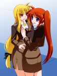  2girls black_ribbon blonde_hair blush breasts couple engo_(aquawatery) fate_testarossa hair_ribbon happy long_hair looking_at_another lyrical_nanoha mahou_shoujo_lyrical_nanoha_strikers military military_uniform multiple_girls orange_hair purple_eyes red_eyes ribbon side_ponytail simple_background takamachi_nanoha thighs uniform yuri 