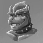  1:1 2_horns advos anthro bowser collar digital_media_(artwork) eyebrows hair headshot_portrait horn koopa male mammal mario_bros monochrome nintendo portrait scalie simple_background smile solo spiked_collar spikes teeth thick_eyebrows 