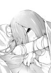 1girl bare_shoulders bed_sheet blanket blush breast_press breasts close-up closed_mouth crossed_arms go-toubun_no_hanayome greyscale hair_over_one_eye highres large_breasts light_smile long_hair looking_at_viewer lying messy_hair monochrome nakano_miku nude on_stomach pointing pointing_at_viewer sawada_kou solo under_covers upper_body 