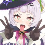  1girl :d black_gloves blush brown_eyes double_v gloves hair_ornament hairband hat heart heart-shaped_pupils highres hololive looking_at_viewer mitarashinejiri murasaki_shion purple_hair simple_background smile solo symbol-shaped_pupils teeth tongue tongue_out v virtual_youtuber white_background witch_hat 