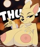  5_fingers anthro areola big_breasts breast_drop breasts canid canine canis chihuahua domestic_dog fair_argument_(meme) female fingers hi_res huge_breasts jh22784 looking_at_viewer mammal nipples pink_areola pink_nipples smile smirk solo sound_effects text toy_dog 