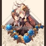  2boys ahoge antlers argyle argyle_background artist_name black_border black_jacket blonde_hair blue_eyes blue_flower border bow bowtie brown_hair brown_jacket brown_scarf collaboration collared_shirt couple daisy diamond_cutout english_commentary english_text finger_tattoo floral_background flower from_side gold_rose hair_flower hair_ornament hairclip half-closed_eyes hand_on_own_neck hen-tie jacket kanlamari kasper_(hen-tie) lanchette_(kanlamari) leaf_hair_ornament long_sleeves looking_at_another multiple_boys original parted_lips red_bow red_bowtie red_scarf ribbon-trimmed_sleeves ribbon_trim rose scarf shirt short_hair tattoo upper_body watermark white_shirt x_hair_ornament yaoi yellow_background yellow_eyes 