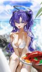  1girl 1other absurdres bare_arms bare_legs bare_shoulders barefoot beach bikini blue_archive blurry blurry_foreground blush breasts cleavage collarbone commentary day halo highres long_hair mechanical_halo navel ocean open_mouth outdoors pov pov_hands purple_eyes purple_hair redrawn renn_01 swimsuit tongue tongue_out two_side_up white_bikini yuuka_(blue_archive) 