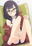  1girl armchair bike_shorts black-framed_eyewear black_hair black_shorts blush borrowed_character brown_eyes brown_jacket chair character_request flying_sweatdrops glasses grey_background hair_over_shoulder highres jacket long_hair long_sleeves looking_at_viewer low_ponytail off_shoulder ogami_kazuki on_chair open_clothes open_jacket original panties panties_under_bike_shorts parted_lips ponytail puffy_long_sleeves puffy_sleeves short_eyebrows short_shorts shorts simple_background sleeveless sleeveless_turtleneck solo sweater thick_eyebrows turtleneck turtleneck_sweater underwear white_panties white_sweater 
