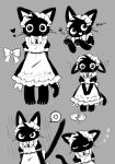  1girl anger_vein angry animal_ears animal_feet apron arms_behind_back back_bow bangs barefoot black_dress black_hair blush bow bowtie broken_plate cat_ears cat_girl cat_tail closed_eyes commentary cropped_torso dress ears_down fang flat_chest flying_sweatdrops frilled_apron frills full_body furry furry_female grey_background greyscale hands_up happy heart highres light_blush long_dress looking_at_viewer maid maid_apron maid_headdress monochrome multiple_views non_nya_nya open_mouth original own_hands_together paw_pose plate puffy_short_sleeves puffy_sleeves sad short_hair short_sleeves simple_background sketch skin_fang sleeping smile speech_bubble spoken_anger_vein spoken_paw_print standing straight-on symbol-only_commentary tail u_u upper_body v_arms wavy_eyes whiskers wide-eyed zzz 