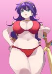  athena_(series) bikini breasts coveredcore cowboy_shot curvy from_below gem green_eyes hand_on_own_hip highres large_breasts leaning long_hair navel open_mouth pink_background princess_athena purple_hair red_bikini shield simple_background snk swimsuit sword tiara weapon 