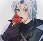  1boy aged_down armor black_coat black_gloves blue_eyes blurry_edges chest_strap coat dessert eating final_fantasy final_fantasy_vii final_fantasy_vii_ever_crisis food food_request gloves grey_background grey_hair hand_up hnsk_013 holding holding_food looking_at_viewer male_focus open_mouth pauldrons sephiroth short_hair shoulder_armor simple_background solo turtleneck 